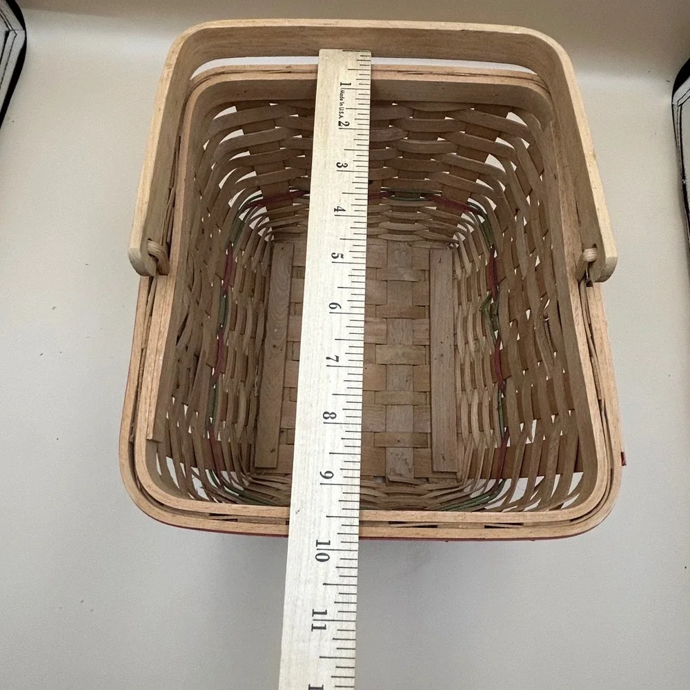 Vintage Farmhouse Woven Wood Basket with Rooster Patch and Swing Handle